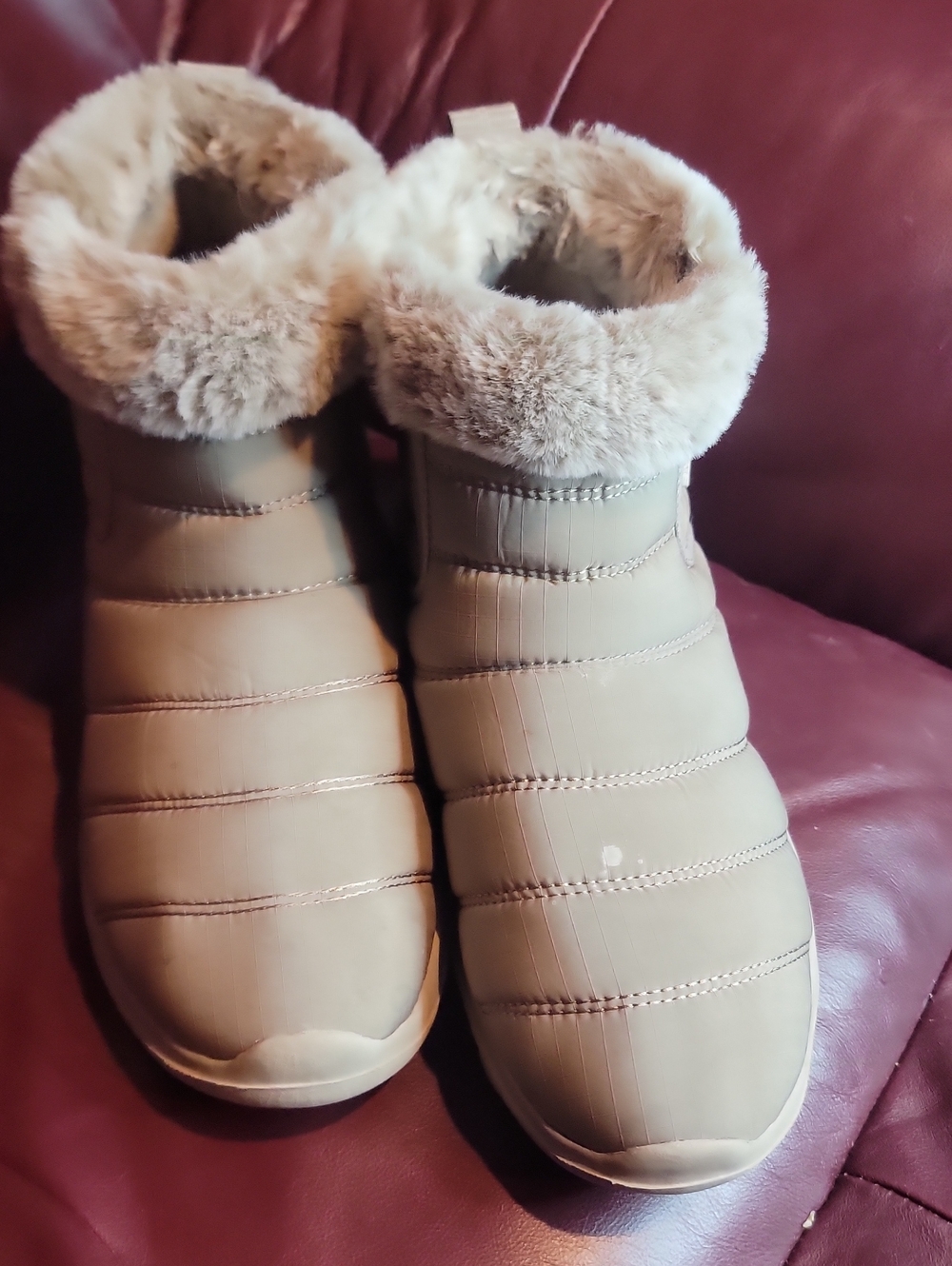 Skechers Quilted Faux Fur Collar Slip-On Ankle Slippers - Taupe